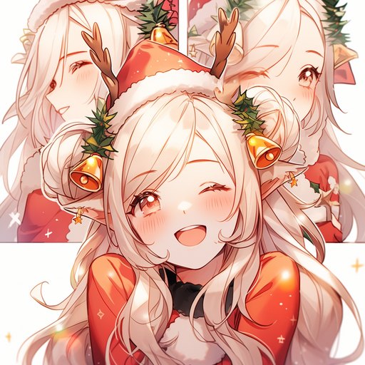 Smiling anime character with festive holiday theme.