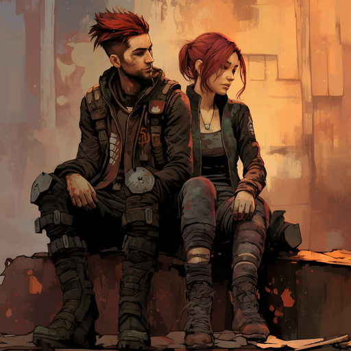 Punk-style couple with a post-apocalyptic vibe.