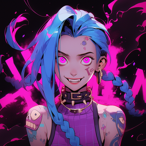 Jinx from League of Legends, a pink-haired character with wild expression on her face.