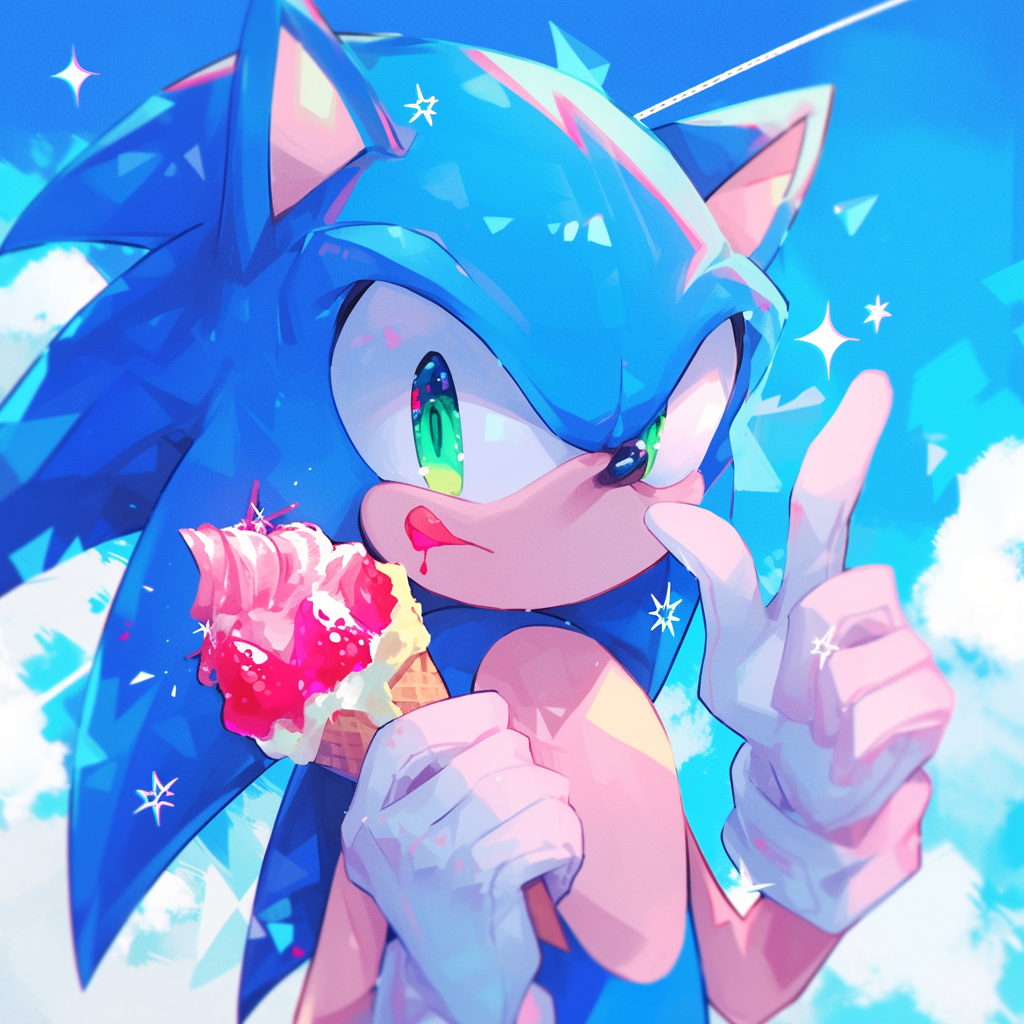 Bright and colorful profile picture featuring an illustration of Sonic the Hedgehog with a playful wink, holding an ice cream cone against a sparkling blue sky background.