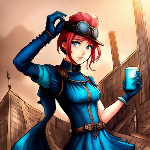 Blue-haired steampunk anime character.