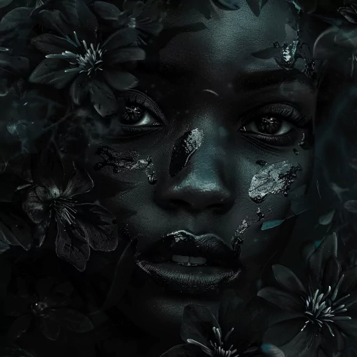Dark-themed artistic avatar featuring a woman's face with floral elements.
