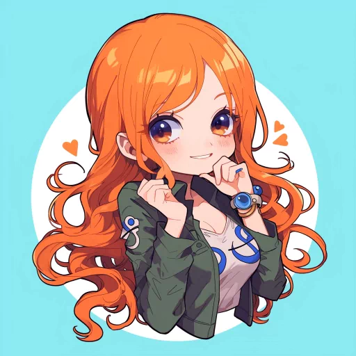 Illustrated Nami avatar with bright orange hair and blue eyes, wearing a green jacket, smiling with hearts background for a profile picture.