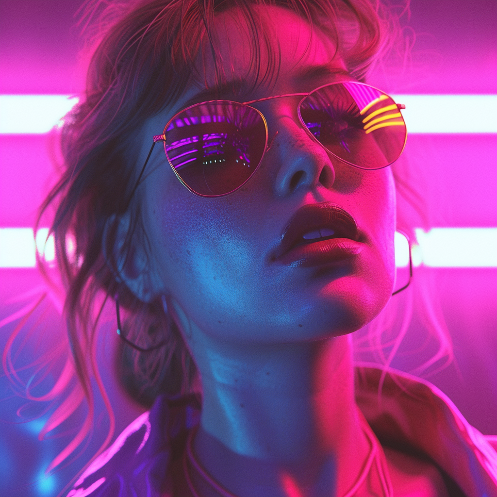 Retro-wave styled profile picture of a person with reflective sunglasses under neon lights.