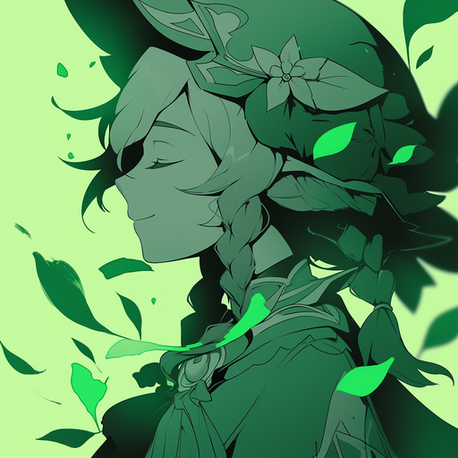 Monochrome artwork of Venti, a character from Genshin Impact, with a green backdrop.