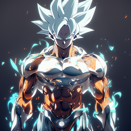 Powerful depiction of Goku in intense combat stance, exuding an aura of untamed energy.