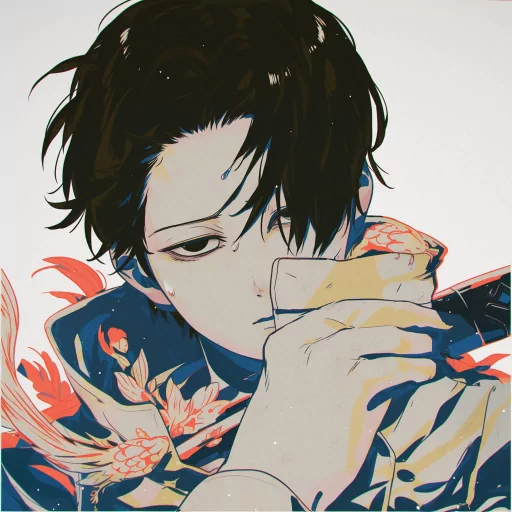 Profile picture featuring an illustrated avatar of Yuta Okkotsu with a contemplative expression, holding a card, set against a white background with red floral accents.