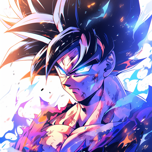 Goku in ultra instinct form, radiating intense power.