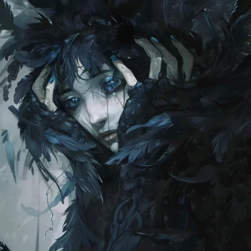 Mysterious dark-themed avatar featuring an illustrated character with vivid blue eyes amidst shadowy feathers.