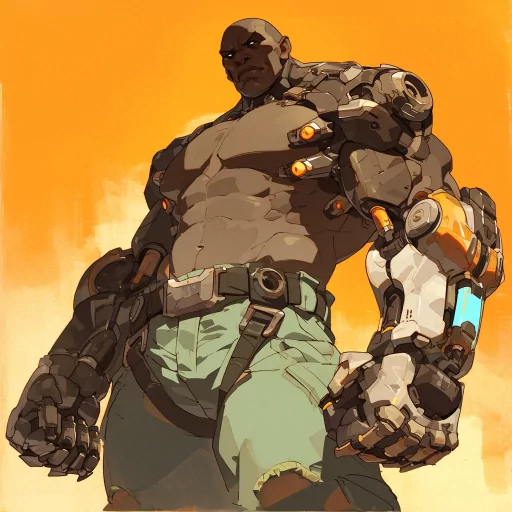 Overwatch game character illustration for a profile picture with a bold stance and mechanized arm against an orange background.