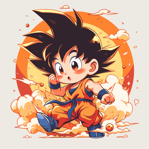Goku's youthful avatar with a vibrant, rainbow-like background.