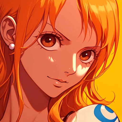 Avatar of Nami with warm orange background, highlighting her bright eyes and cheerful expression, ideal for a profile picture.