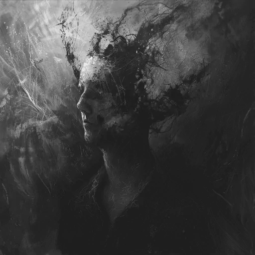 Abstract dark profile picture featuring a monochrome artistic rendition of a person's silhouette with a textured, paint-splatter effect.