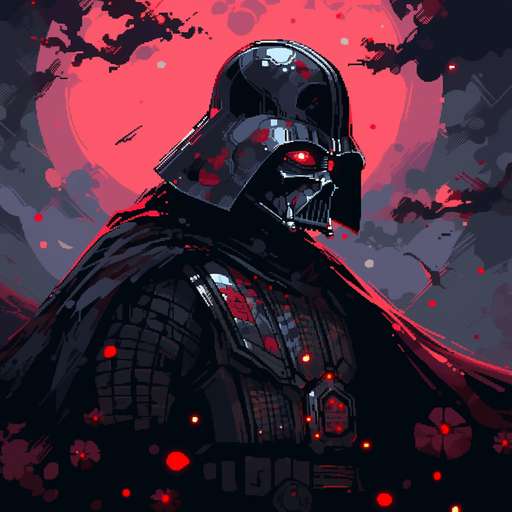 Pixel art portrait of Darth Vader with a colorful and vibrant design.