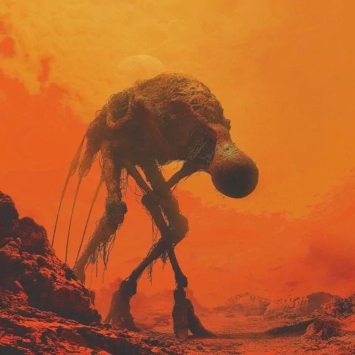 Creepy alien creature profile picture set against an orange, dystopian landscape.