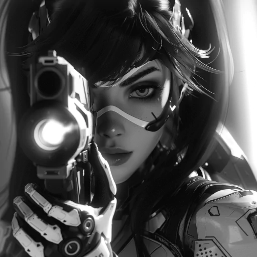 Black and white Overwatch character avatar with focused gaze holding a futuristic weapon, ideal for a gaming profile photo or pfp.