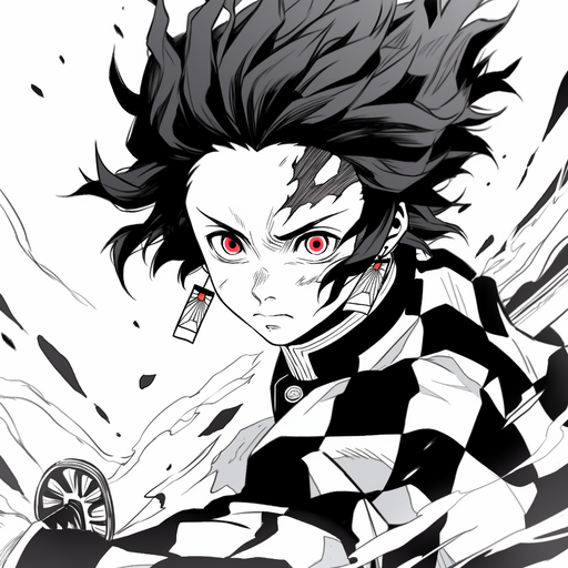 Tanjiro Kamado from Demon Slayer manga with epic black and white portrait showcasing his distinctive hairstyle.