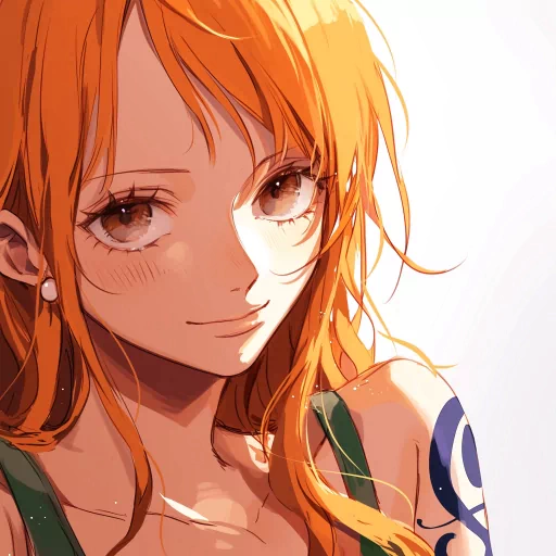 Illustration of a female anime character with orange hair and a confident smile, suitable as an expressive avatar or profile picture.