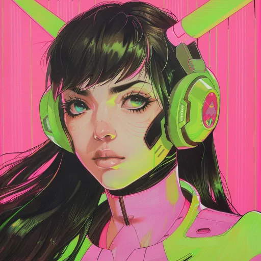 Alt Text: Stylized Overwatch-inspired avatar featuring a character with green headphones and striking eyes set against a vibrant pink striped background, perfect for a profile photo.
