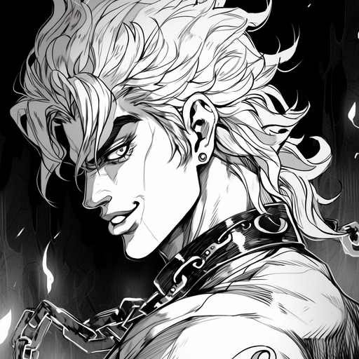 Dio Brando, a character from JoJo's Bizarre Adventure manga, depicted in black and white with a manga-style portrayal.