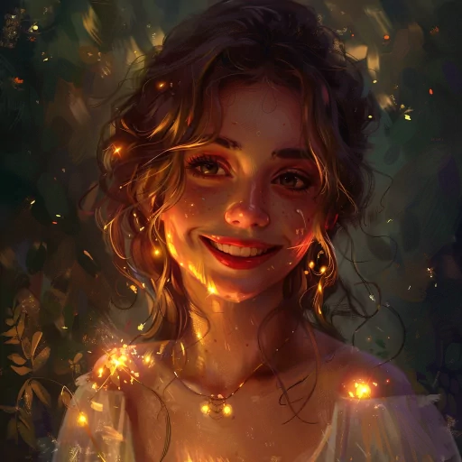 Smiling avatar with twinkling lights and a warm, magical ambiance for a profile photo.