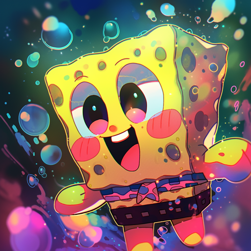 SpongeBob SquarePants smiling underwater in a cartoon style.