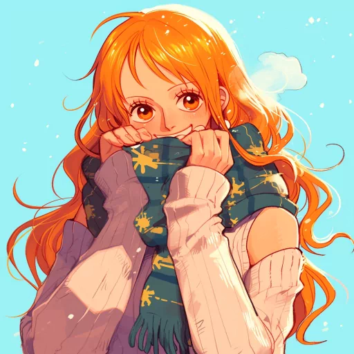 Illustrated avatar of a cheerful anime girl with long orange hair, wearing a star-patterned scarf, with a sky blue background.