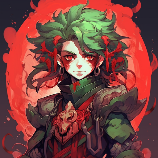 Colorful demon slayer character artwork with red and green tones.