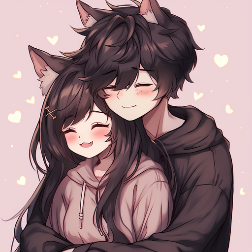 Anime couple holding hands in front of a colorful background.