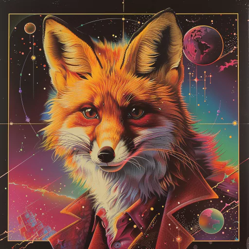 Illustrated avatar of a fox dressed in a jacket, set against a vibrant, cosmic background with planets and geometric shapes.