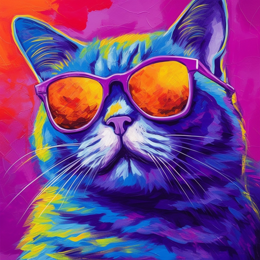 Colorful cat profile picture with purple and yellow tones.