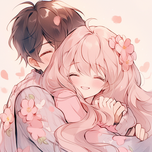 Anime couple embracing each other, surrounded by vibrant colors and hearts.