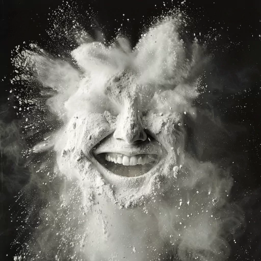 Creative smiling avatar with a dynamic powder explosion effect for profile photo.