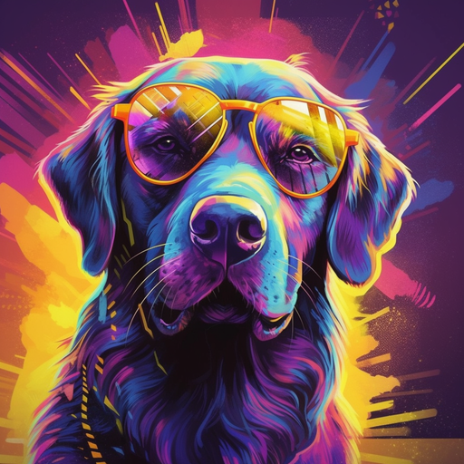 Vibrantly colored dog profile picture with hints of purple and yellow.