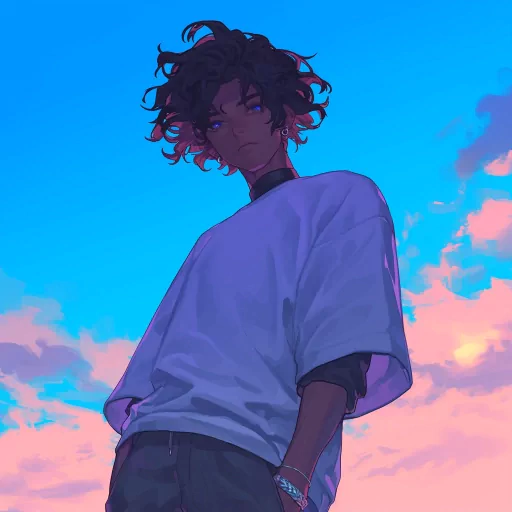Illustration of a stylized black boy with curly hair as an avatar against a blue and pink sky background.