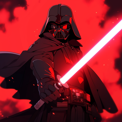 Darth Vader in 1980s anime style wielding a red lightsaber.