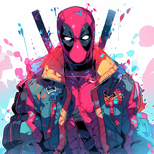 Colorful comic-style artwork of Deadpool, a popular fictional superhero known for his red-and-black costume, wielding swords.