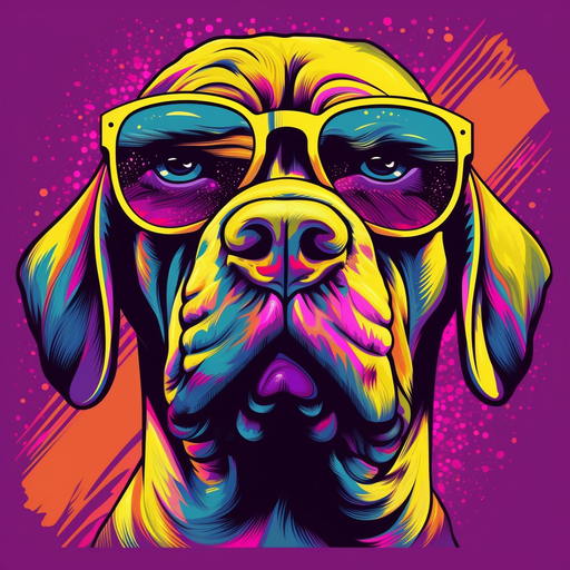 Colorful dog portrait with a vibrant mix of purple and yellow tones.