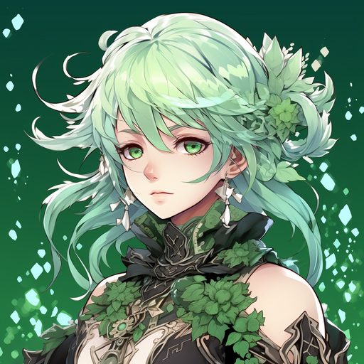 Green monochrome illustration of Nahida, a character from Genshin Impact video game.