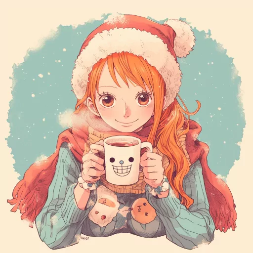 Illustration of an anime character similar to Nami from One Piece, smiling with a Santa hat, holding a mug with a cute face design, perfect for a holiday-themed avatar or profile picture.