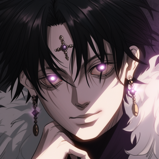 Chrollo Lucilfer, a character with red and black hair, against a bright background.