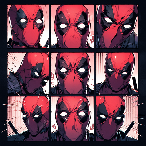 Deadpool in comic book style, wearing a mask and holding weapons.