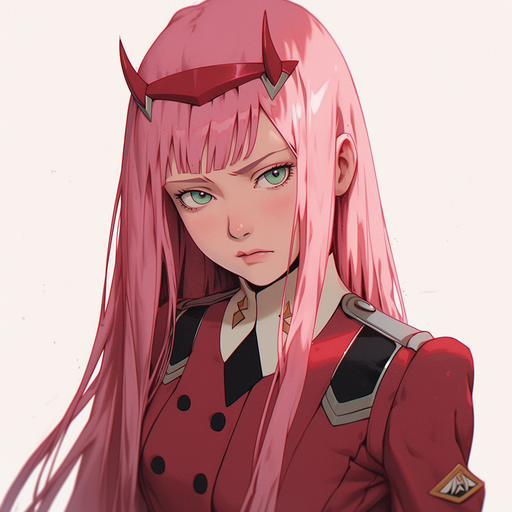 Zero Two with pink hair, smirking and looking off-camera, against a colorful background.