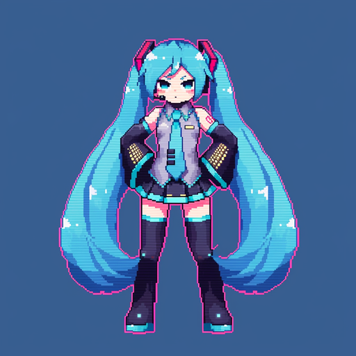 Hatsune Miku pixel art pfp with colorful backgrounds.