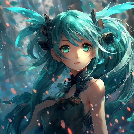 Hatsune Miku, a virtual singer, with distinctive teal hair and wearing a futuristic outfit.