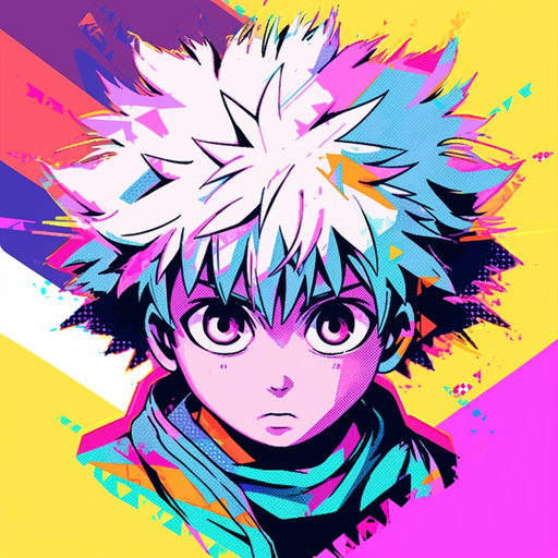 Colorful pop art portrayal of Killua from Hunter x Hunter, radiating energetic and vibrant vibes.