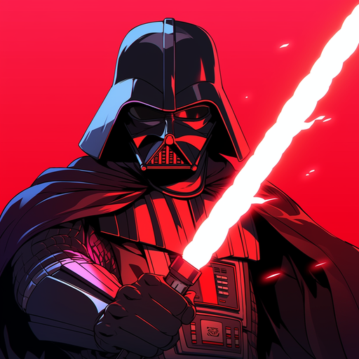 Darth Vader unleashing a red lightsaber in a striking 1980s anime style.
