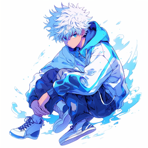 Killua Zoldyck character in acid blue and white style