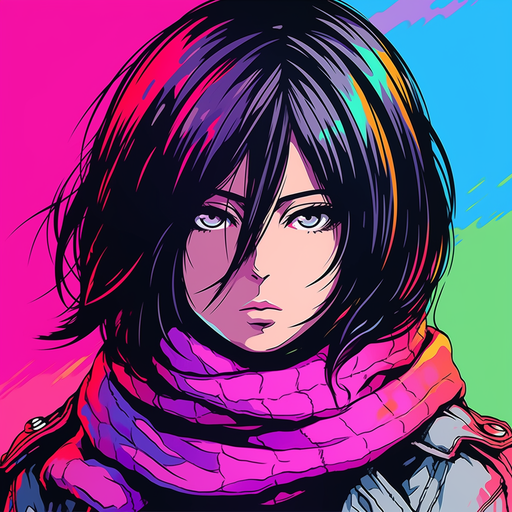 Fashionable 80's-style character portrait of Mikasa from Attack on Titan in cool colors.