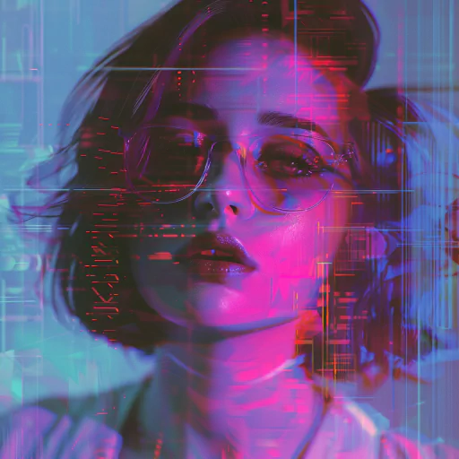 Avatar of a woman with a digital glitch effect overlaying the image. She is wearing glasses and the image has pink and blue hues.